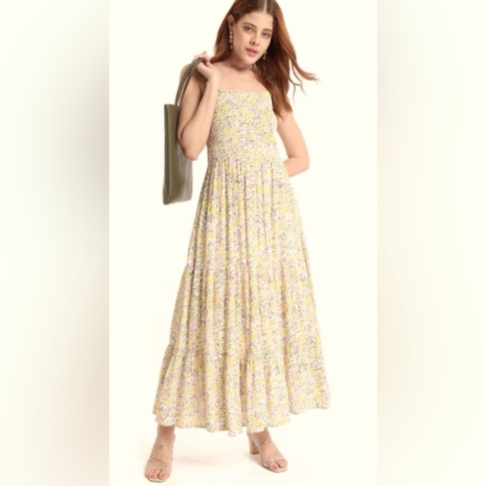 DEX - Yellow Floral Lined Smocked Maxi Dress